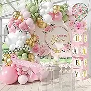 338 PC Baby in Bloom Baby Shower Decorations for Girl - Balloon Arch Garland & Baby Boxes with Letters, Backdrop, Cake topers, Sash and More - Floral Baby Shower Decorations Pink and Sage Green