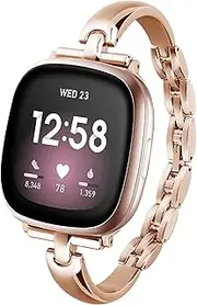 [TUV PLNT] Silm Metal Band Compatible with Fitbit Versa 4/Fitbit Sense 2 Band Cute Women, Bling Jewelry Strap Replacement Compatible for Fitbit Sense/Versa 3 Women (Rose Gold)