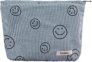 Cessfle Smiley Face Makeup Bag, Aesthetic Preppy Makeup Bag, Corduroy Cosmetic Bag for Purse, Cute Smile Dots Makeup Pouch with Zipper for Women Toiletry Travel Girls, A-Blue, A-Blue, Aesthetic Preppy