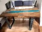 Blue Epoxy Dining Table Live Edge Wood with Iron Legs Bar Countertop Furniture