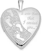 [JewelryWeb] 925 Sterling Silver Textured Polished Patterned Satin Back Holds 2 photos 20mm Footprints Love Heart Locket