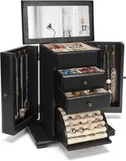 Women's Rustic Wooden Jewelry Box with Mirror and 4 Layers - Black