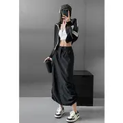 High-Waist Drawstring-Side Cargo Maxi Skirt Black - M
