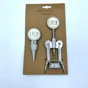 RAE DUNN Corkscrew Set OPEN Wine Bottle Opener STOP Wine Stopper Hostess Gift