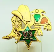 P001 Vintage style Gold Western Cowboy Hat & Boot US Sheriff Badge Pin Brooch