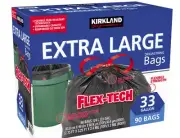Kirkland Signature Flex-Tech 33-Gallon Trash Bag, 90-count, Flexible Strength.