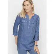 NWT TALBOTS $90 100% Linen Cross-Dyed Blue Long Sleeve Roll Tab Top Size 3X
