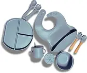 Silicone Baby Feeding Set, Suction Plate, Bowl, Bib, Spoon/Fork Set, Wooden Utensils, Sippy Cup with Snack Lid