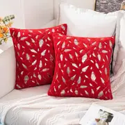 2x Square Throw Pillows Decorative Faux Fur Silver Feathers Silver Leaves Cushion Cases Soft Fluffy(Inserts + Pillow Covers, Red)