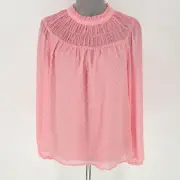 J Crew Top Womens Medium Pink Chiffon Blouse Pleated Swiss Dot Career New