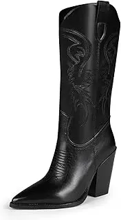 [ISNOM] Cowgirl Boots for Women, Embroidered Pointed Toe Chunky Heel Western Boots