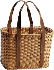 Fonowx Hand Woven Wicker Basket with Handle Flower Basket Functional Simple Storage Basket Shopping Basket Bag for Shopping Camping Daily Necessities Outdoor Picnics, Large