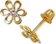 [JewelryWeb] 14k Yellow Gold CZ Simulated Diamond Small Flower Screw Back Earrings 7x8mm Stud Earring for Women