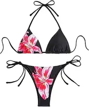 [COOLOYA] Women's Floral Print 2 Piece Triangle Bikini Sets Tie Side Halter Padded Bathing Suits, Black, Medium