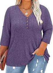 [Koscacy] Women Plus Size V Neck 3/4 Roll Sleeve Sweater Casual Knit Tops Solid Color Blouses