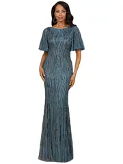 LARA New York Beaded Gown with Flutter Sleeves