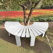 White Slatted Bench Wrap Around Tree Benches, Wooden Curved Garden Bench Weatherproof Outdoor Furniture Seat, Indoor Accent Seating Bench for Porch, Garden, Lawn, Backyard(Half Round)