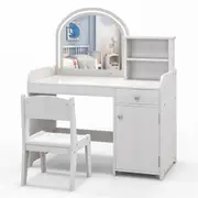 Costway Vanity Dressing Playset Pretend Makeup Table & Chair Set w/Acrylic Mirror&2-Color LED&Storage White
