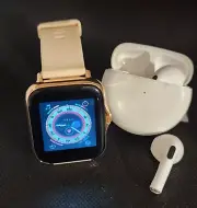 Golden Smart Watch And White Earbuds Bundle
