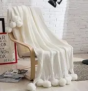 Super Soft Acrylic Pompom Knitted Blanket 120x180cm Cream