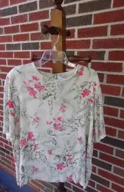 Jaclyn Smith Pullover Blouse Short Sleeve Green Floral Print Size XL
