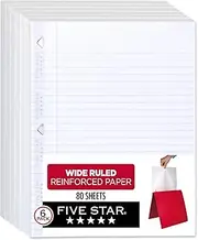 Five Star Loose Leaf Paper, 6 Pack, Notebook Paper, Wide Ruled Filler Paper, Reinforced, Fights Ink Bleed, 8 x 10.5, 80 Sheets per Pack (150025)