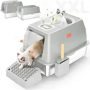 Stainless Steel Cat Litter Box with Lid,Front Entry Top Exit Kitty Litter Box XXL Extra Large Enclosed Metal Litter Box with Litter Scoop for Kitty, Big Cats, Easy Cleaning, Non-Sticky - (Light Gray)