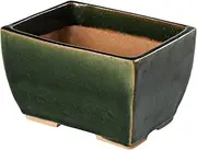 Wazakura Tokoname Series Small Handmade Rectangular Olive Green Glazed Bonsai Pot with Drainage Holes 5.3 in (135 mm) Made in Japan, Ceramic Garden or Training Container, Decorative Flower Planter (Olive Green)