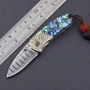 Handmade Damascus Pocket Knife Mini Copper Abalone Handle Small Natural Knives