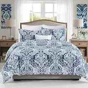 DUOMING Damask Quilt Cover Queen - Navy Blue Duvet Cover Set, 100% Cotton Queen Size Set with Zipper Closure and 8 Ties, 1 Quilt Cover (90”x 90”) & 2 Pillow Shams (20“x 26”), No Comforter