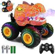 DYODYORC Remote Control Car, 2.4Ghz All Terrain Dinosaur Monster Truck Toys, RC Truck with Spay, Music, 3 Lighting Effects, Stunt Capable, Toy Gifts for Boys and Girls (Orange)