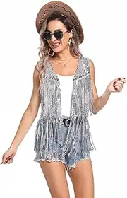 [RZTA] Sequin Fringe Vest - Sparkly Tassels Jacket Rivet Sleeveless Open Front Tops Glitter Party Cowgirl Concert Outfits