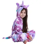 Kids Girls Star Sky Print Flannel Unicorn Hooded Jumpsuit Winter One Piece Nightwear -NMAOV A 5-6 Years