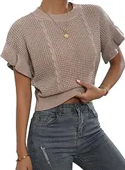 [Verdusa] Women's Ruffled Short Sleeve Round Neck Knitted Crop Top Pullovers Sweater
