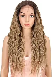 27" Lace Front Wigs Long Curly Wavy Wigs with Natural Straight Ends Ombre Synthetic Hair Wigs for Women Heat Resistant Replacement Wig Density 130%