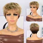 Short Pixie Cut Wigs 100% Human Hair Wigs Dark Blonde Brown Mixed Hair Party Wig