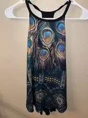 Hollister Peacock Feather Print Tank top Blouse SZ L NEW