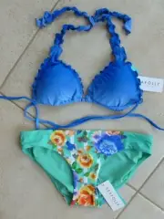 Seafolly Bikini Miami Lapis Tri Slide Halter Top AU 10 & Romeo Rose Hipster AU 8