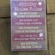 NEW Holiday House Rules Wooden Sign Christmas Santa Mistletoe Red NWT $30