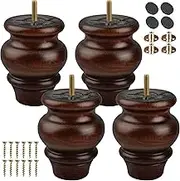 TCHOSUZ 4 inch / 9cm Wooden Furniture Legs, Pack of 4 Classic Glaze Solid Wood Turned DIY Replacement Bun Feet with M8 Hanger Bolts & T-Nuts for Sofa Couch Cabinet Buffet Table Ottoman Riser