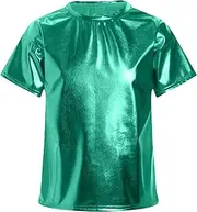 [Linjinx] Kids Girls Shiny Metallic Crop Tops Short Sleeves Dancing Shirts Hip Hop Jazz Dance Costume