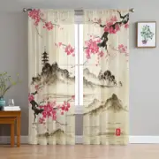 Chinese Style Ink Painting Flowers Landscape Sheer Curtains Room Voile Tulle