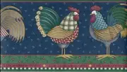 DEBBIE MUMM WHIMSICAL COUNTRY ROOSTERS ON BLUE WALLPAPER BORDER