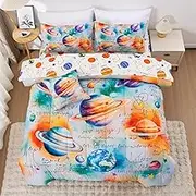 A Nice Night Boys Galaxy Twin Bedding Set 6 Piece Bed-in-a-Bag Comforter & Sheet Set, Space Algebra Theme Polyester Bed Sets for Kids,White