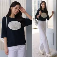 在飛比找Yahoo奇摩購物中心優惠-韓國製．甜美蝴蝶結刺繡拼接圓領五分袖上衣．白鳥麗子