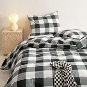 Wake In Cloud - Cotton Quilt Cover Set, 100% Washed Cotton Doona Duvet Cover Bedding Set, 3 Pieces, Gingham Black, Double Size