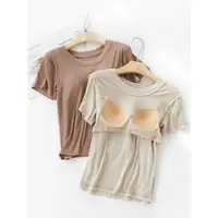 在飛比找ETMall東森購物網優惠-夏天帶胸墊t恤女罩杯一體短袖上衣免穿文胸罩瑜伽內衣bra打底