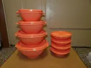 TUPPERWARE SERVALIER BOWLS w/Lids 16 Pc SET Serving & Salad Bowls CORAL ORANGE