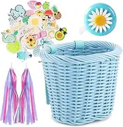 Kid's Bike Basket Streamers Kit - Decorative Handlebar Wicker Basket with Colorful Streamers, Bell & Stickers | Easy Install Children’s Bicycle Accessories Set for Ages 4-12