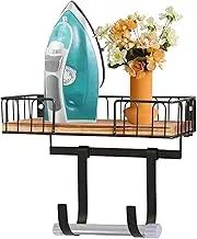 Ironing Board Hanger Over The Door - Laundry Room Decor Organization and Storage - Easy to Install Ironing and Iron Board Hanger Wall Mount with Large Storage Wooden Base Basket and Removable Hooks